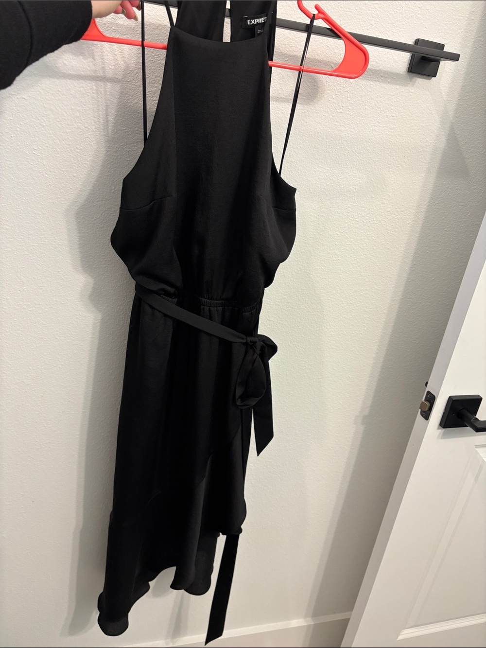 Express Black Asymmetrical Halter Dress with Waist Tie